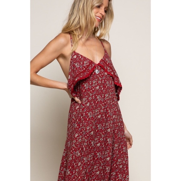 POL Red Floral Print Relaxed Fit Sleeveless Ruffle Midi Dress - Picture 5 of 7